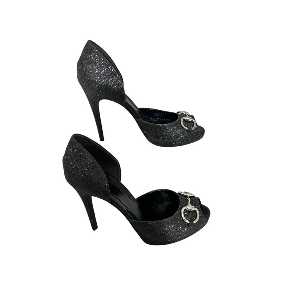 Gucci Charlotte Black Glitter Horsebit Peep Toe Platform Pumps Size 38